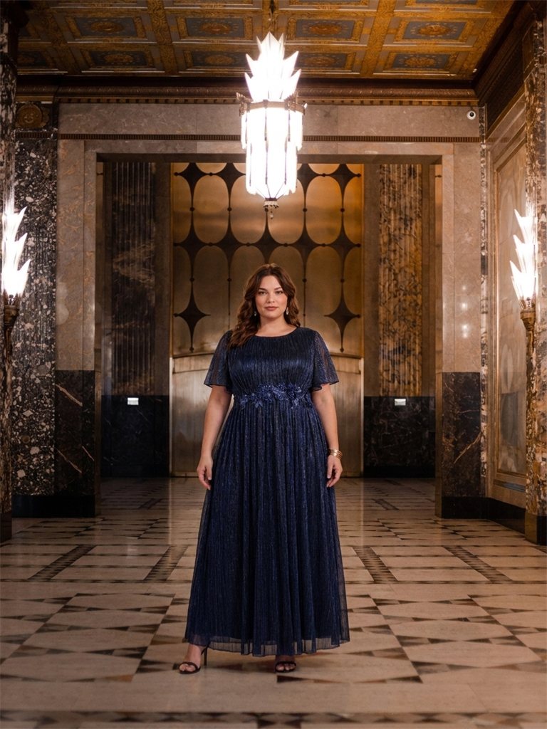 Plus Size Lurex Tulle Shimmer Short Sleeve Evening Dress #color_Navy Blue