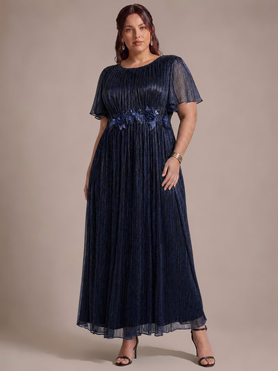 Plus Size Lurex Tulle Shimmer Short Sleeve Evening Dress