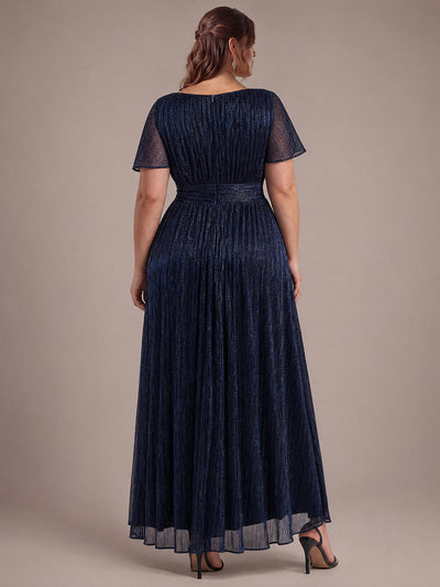 Plus Size Lurex Tulle Shimmer Short Sleeve Evening Dress #color_Navy Blue