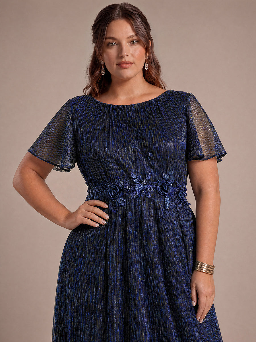 Plus Size Lurex Tulle Shimmer Short Sleeve Evening Dress #color_Navy Blue