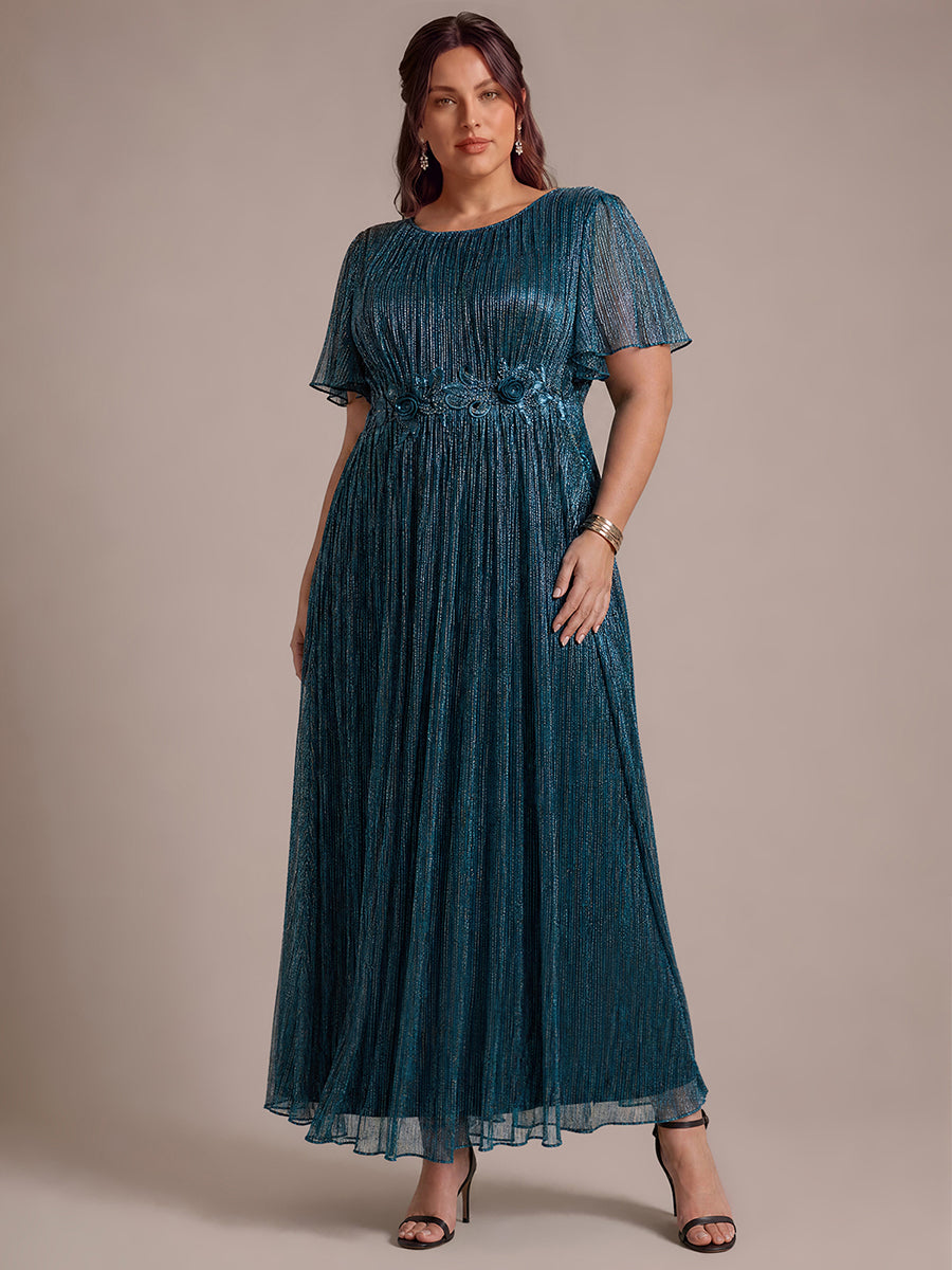 Plus Size Lurex Tulle Shimmer Short Sleeve Evening Dress #color_Teal Blue