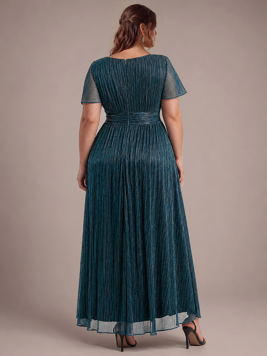 Plus Size Lurex Tulle Shimmer Short Sleeve Evening Dress #color_Teal Blue