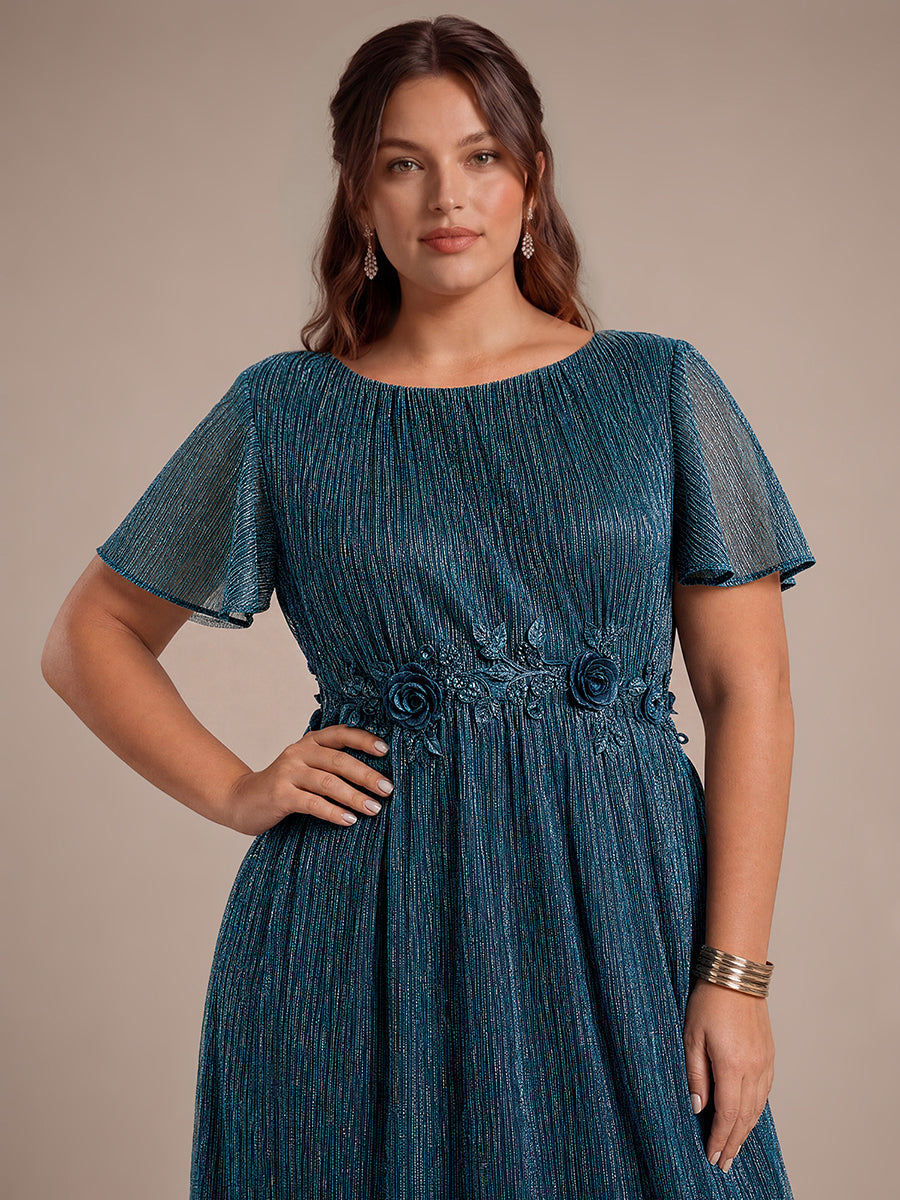 Plus Size Lurex Tulle Shimmer Short Sleeve Evening Dress #color_Teal Blue