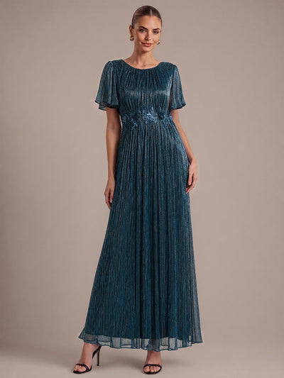 Lurex Tulle Shimmer Short Sleeve Evening Dress