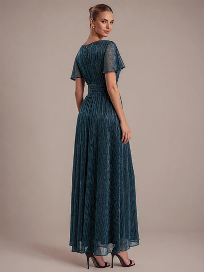 Lurex Tulle Shimmer Short Sleeve Evening Dress #color_Teal Blue