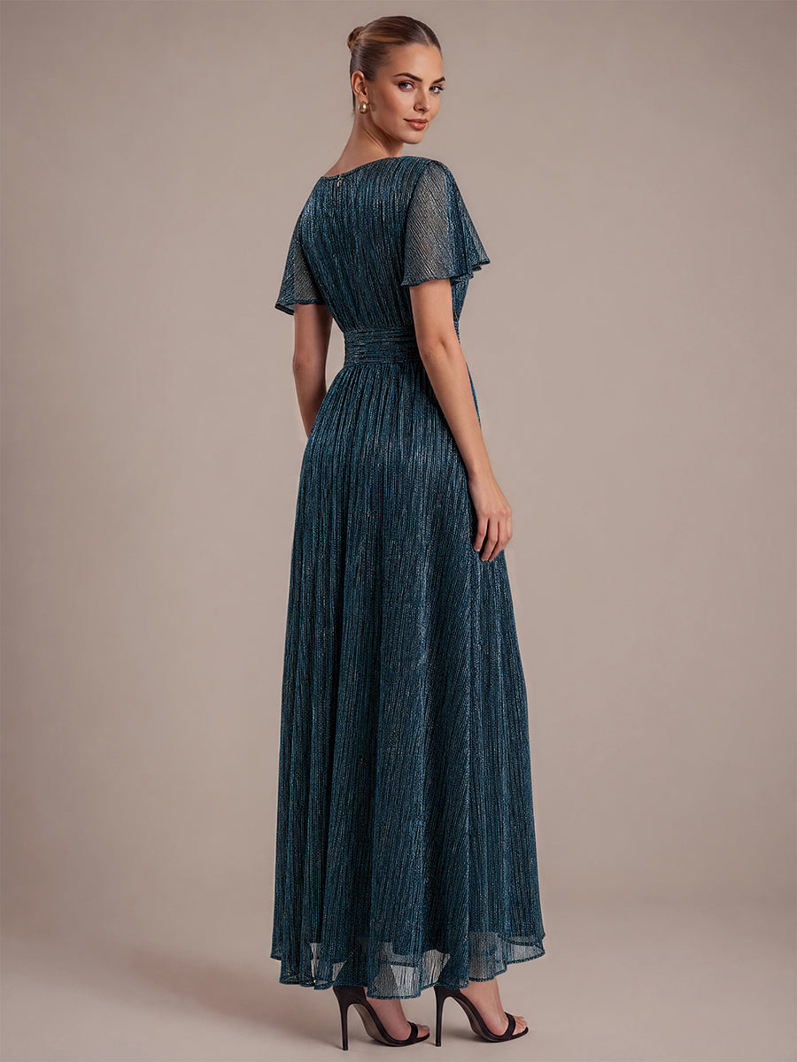 Lurex Tulle Shimmer Short Sleeve Evening Dress #color_Teal Blue