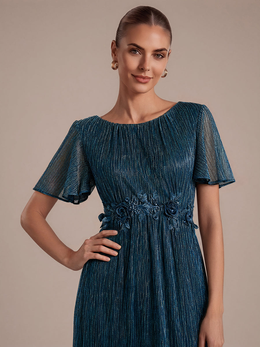 Lurex Tulle Shimmer Short Sleeve Evening Dress #color_Teal Blue