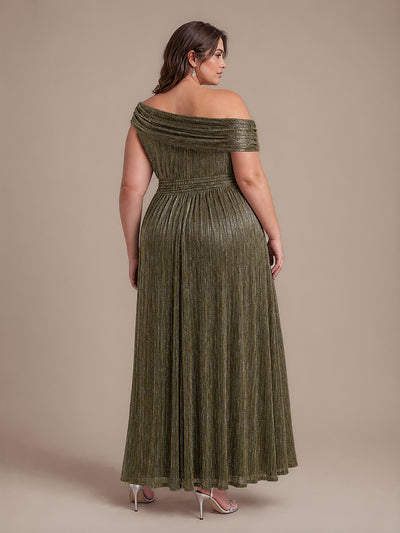 Plus Size Pleating Lurex Tulle Shimmer Sleeveless Evening Dress #color_Metallic Gold