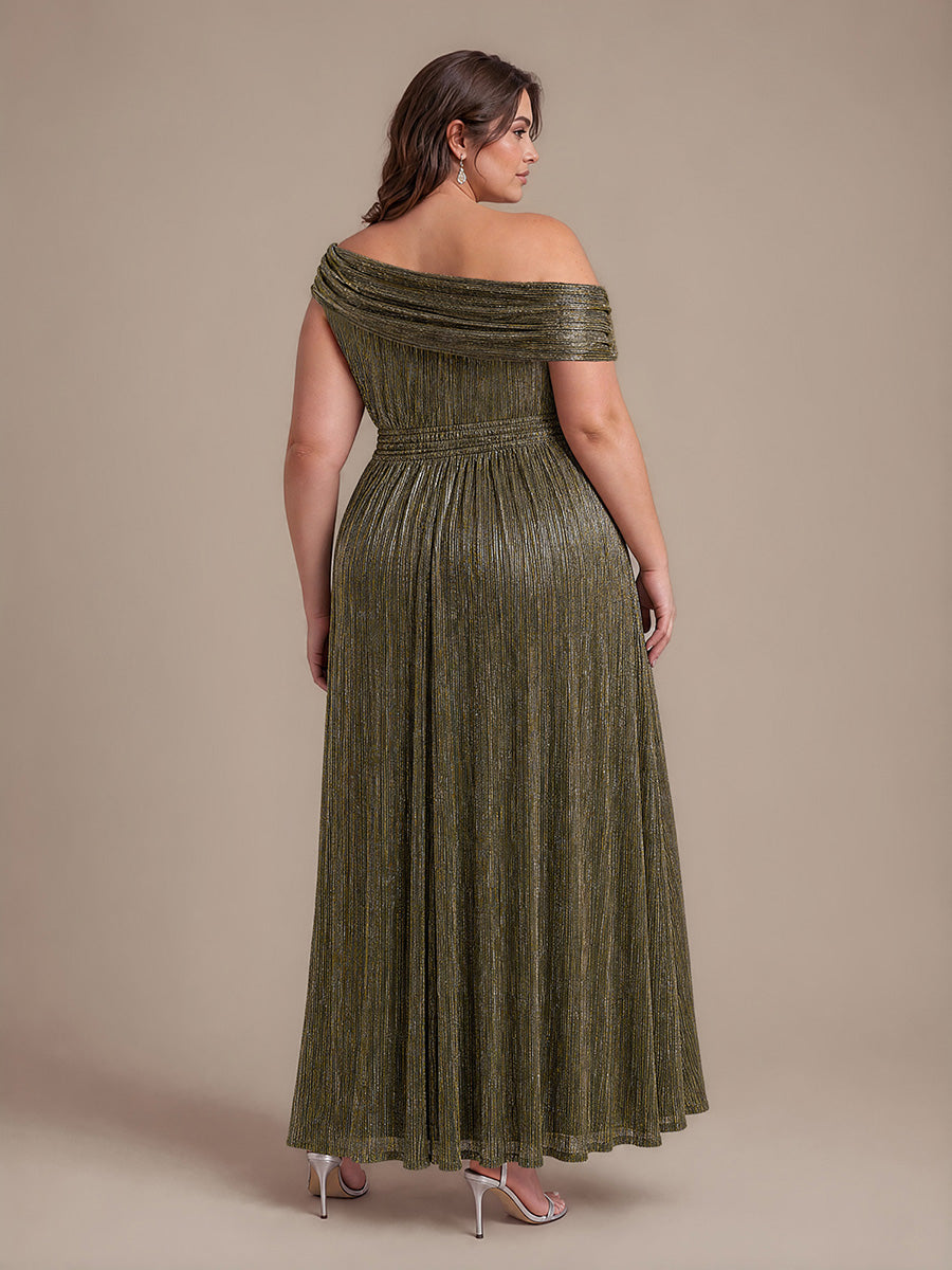 Plus Size Pleating Lurex Tulle Shimmer Sleeveless Evening Dress #color_Metallic Gold