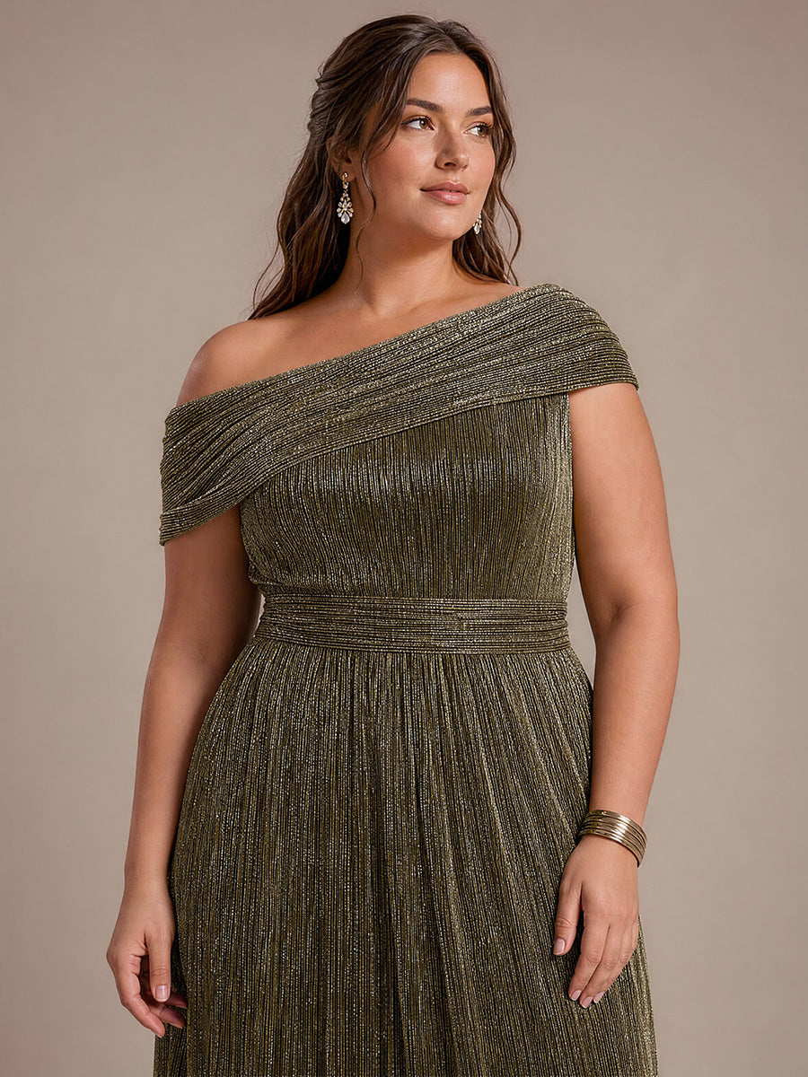 Plus Size Pleating Lurex Tulle Shimmer Sleeveless Evening Dress #color_Metallic Gold