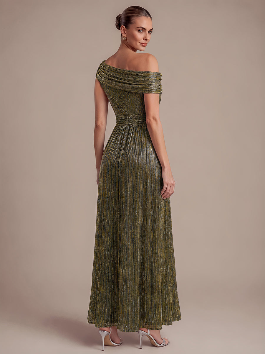 Pleating Lurex Tulle Shimmer Sleeveless Evening Dress #color_Metallic Gold