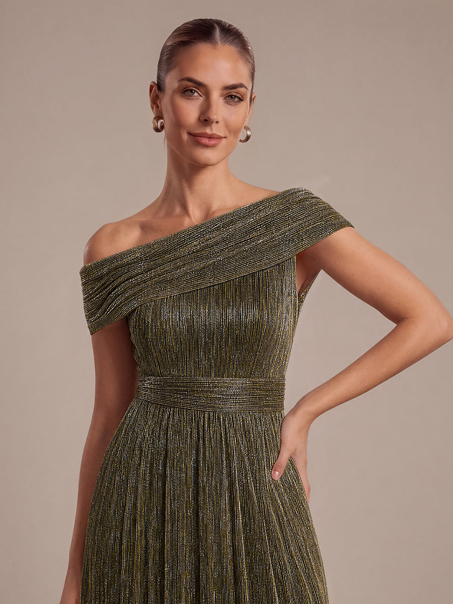Pleating Lurex Tulle Shimmer Sleeveless Evening Dress #color_Metallic Gold
