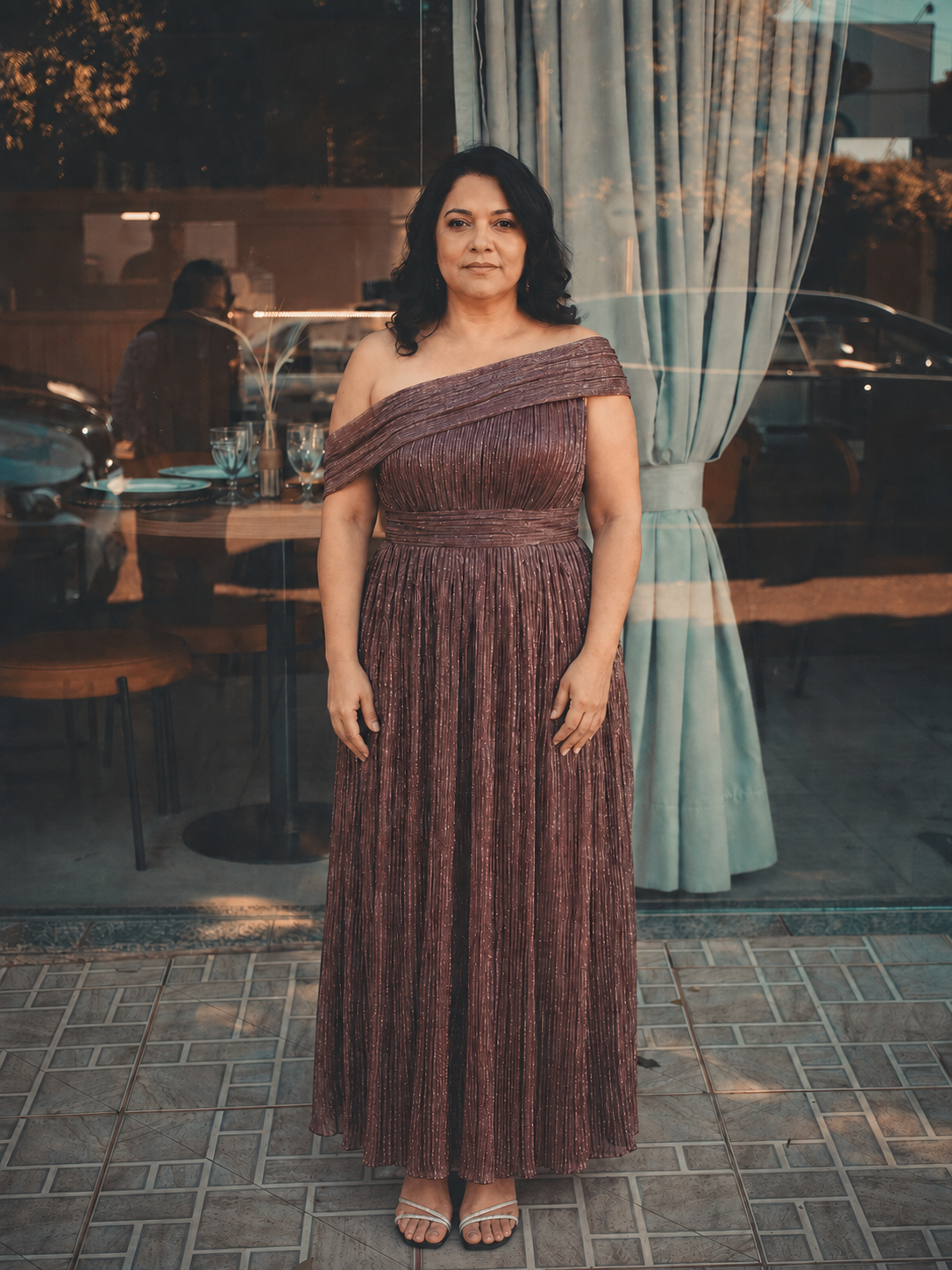 Plus Size Pleating Lurex Tulle Shimmer Sleeveless Evening Dress #color_Mahogany Brown