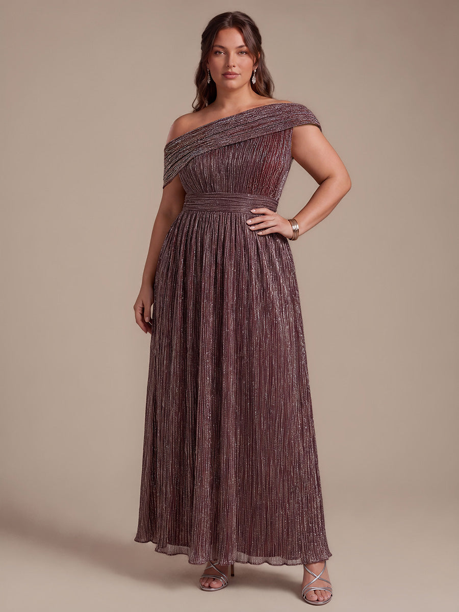 Plus Size Pleating Lurex Tulle Shimmer Sleeveless Evening Dress #color_Mahogany Brown