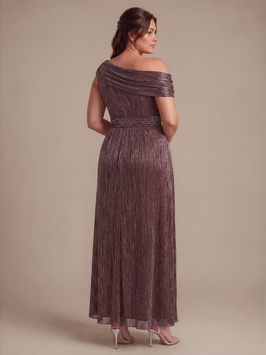 Plus Size Pleating Lurex Tulle Shimmer Sleeveless Evening Dress #color_Mahogany Brown