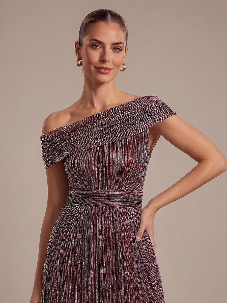 Pleating Lurex Tulle Shimmer Sleeveless Evening Dress #color_Mahogany Brown