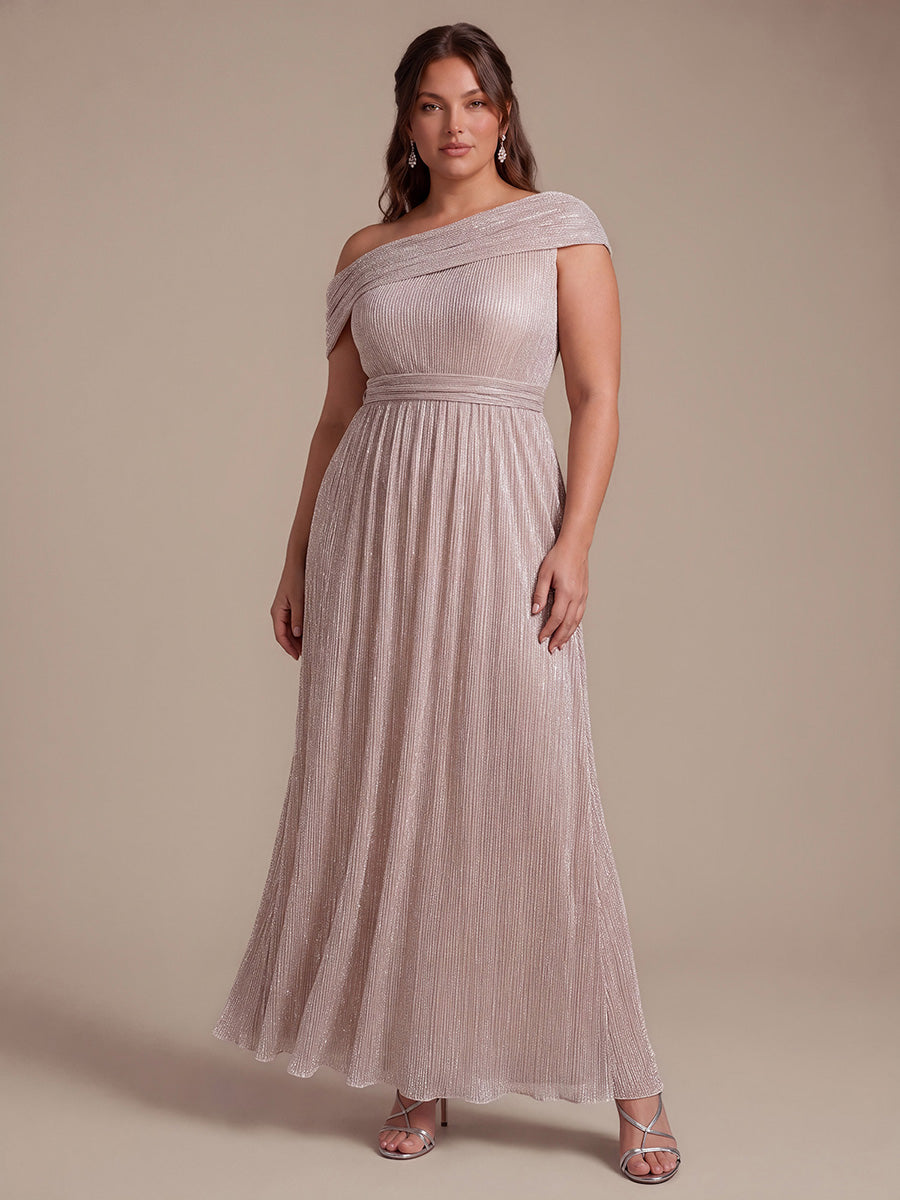 Plus Size Pleating Lurex Tulle Shimmer Sleeveless Evening Dress #color_Pink