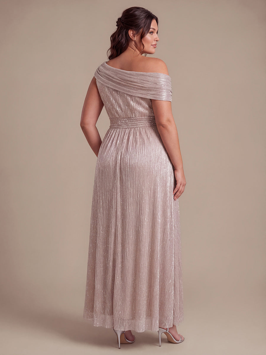 Plus Size Pleating Lurex Tulle Shimmer Sleeveless Evening Dress #color_Pink