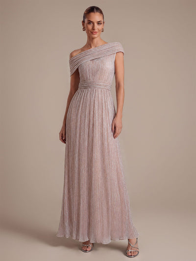 Pleating Lurex Tulle Shimmer Sleeveless Evening Dress