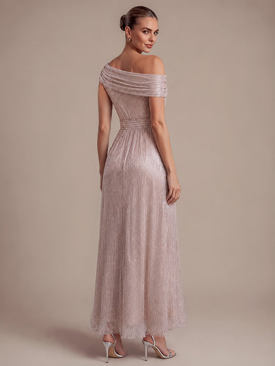 Pleating Lurex Tulle Shimmer Sleeveless Evening Dress #color_Pink