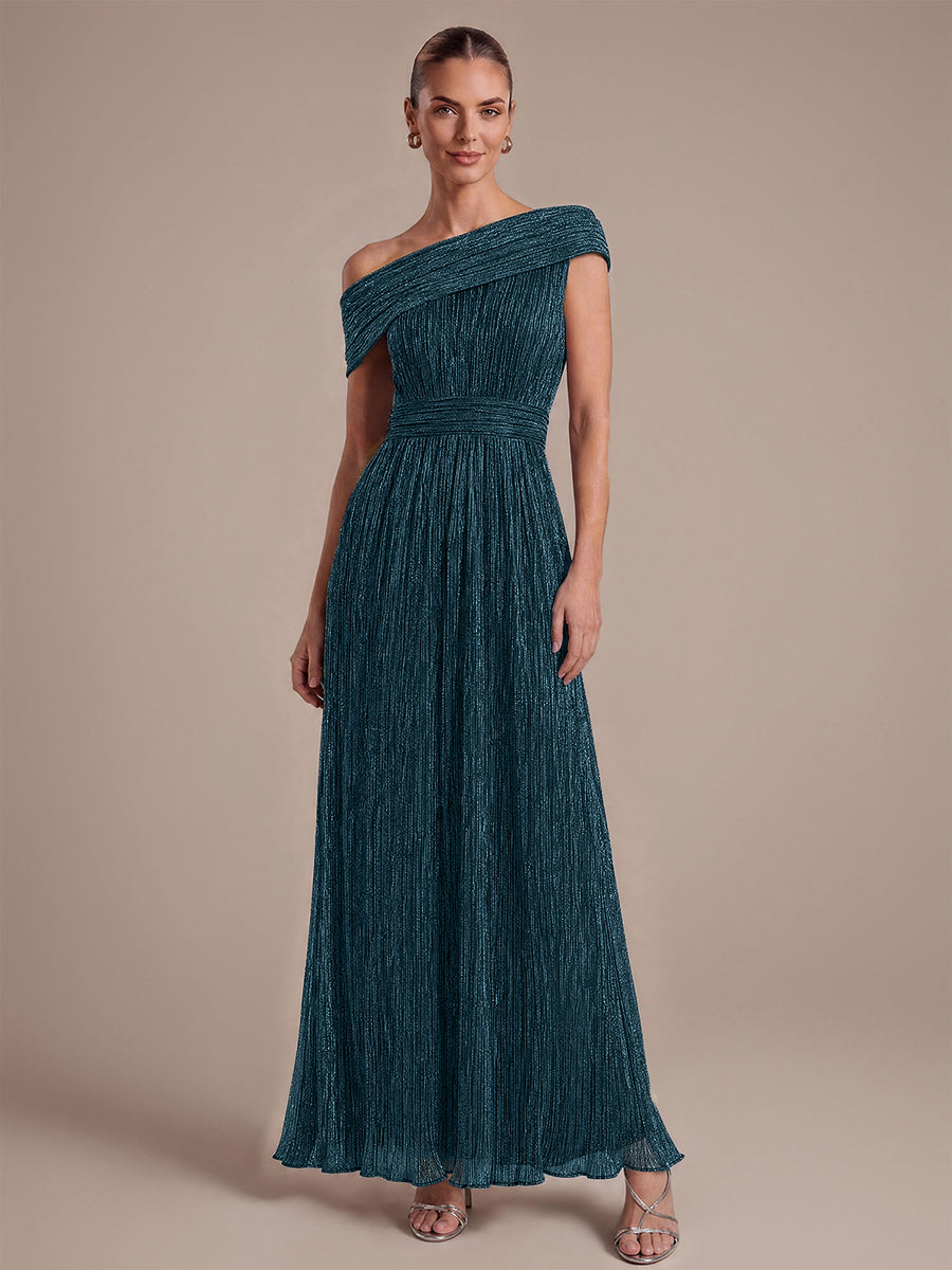 Pleating Lurex Tulle Shimmer Sleeveless Evening Dress #color_Teal Blue