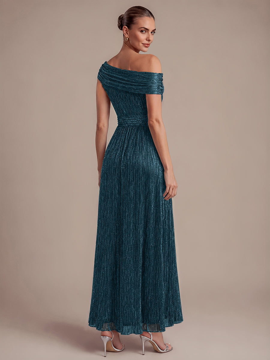 Pleating Lurex Tulle Shimmer Sleeveless Evening Dress #color_Teal Blue