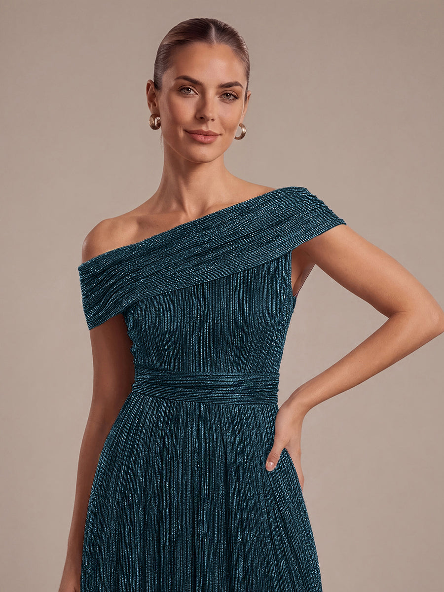 Pleating Lurex Tulle Shimmer Sleeveless Evening Dress #color_Teal Blue
