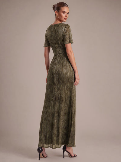 Pleating Lurex Tulle Shimmer Ruffle Sleeve Evening Dress #color_Metallic Gold