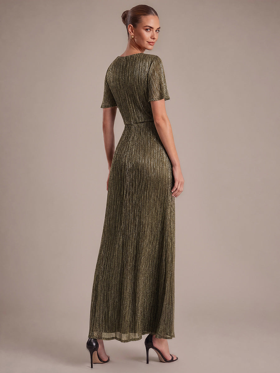Pleating Lurex Tulle Shimmer Ruffle Sleeve Evening Dress #color_Metallic Gold