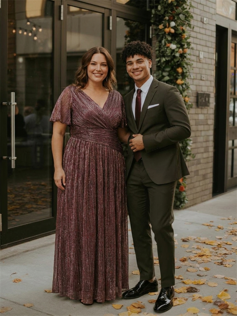 Plus Size Pleating Lurex Tulle Ruffle Sleeve Evening Dress #color_Mahogany Brown