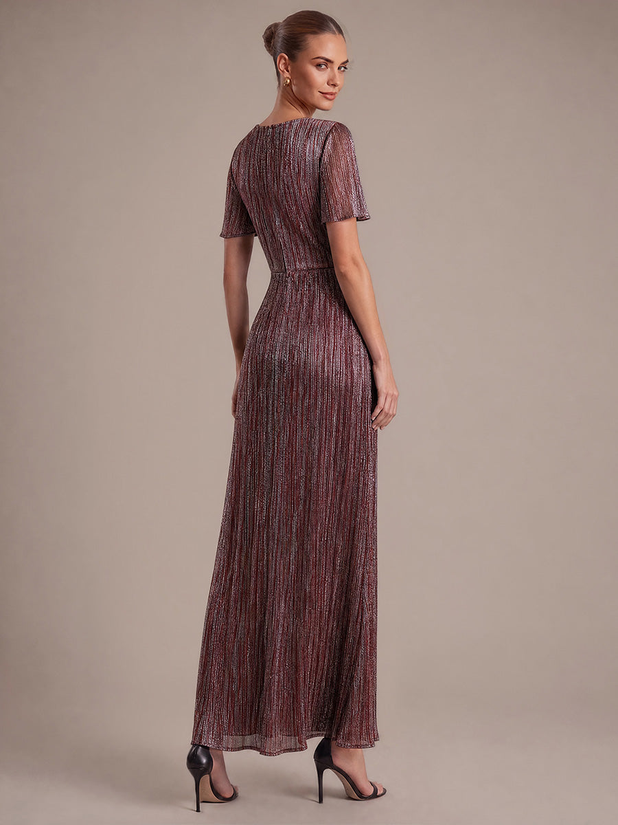 Pleating Lurex Tulle Shimmer Ruffle Sleeve Evening Dress #color_Mahogany Brown