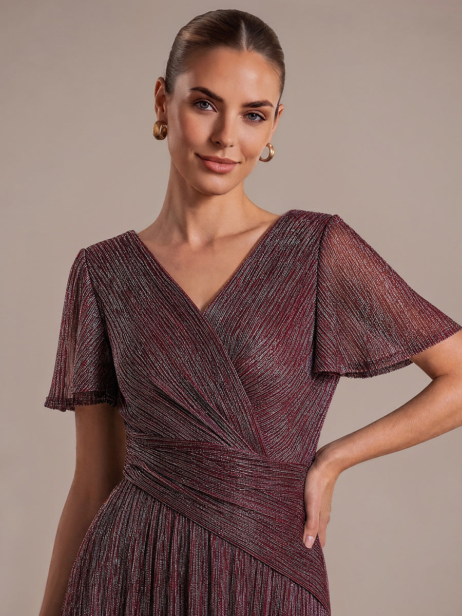 Pleating Lurex Tulle Shimmer Ruffle Sleeve Evening Dress #color_Mahogany Brown