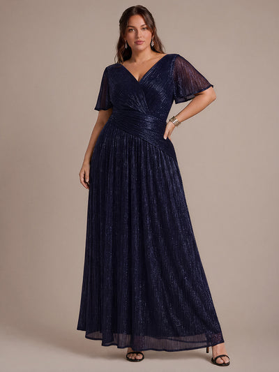 Plus Size Pleating Lurex Tulle Ruffle Sleeve Evening Dress