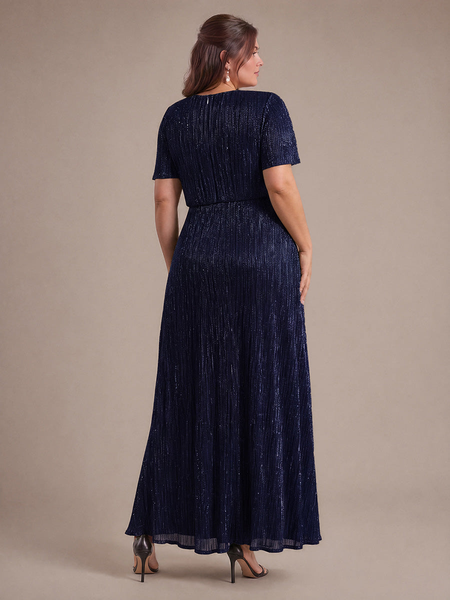 Plus Size Pleating Lurex Tulle Ruffle Sleeve Evening Dress #color_Navy Blue