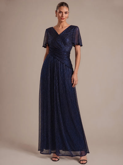 Pleating Lurex Tulle Shimmer Ruffle Sleeve Evening Dress