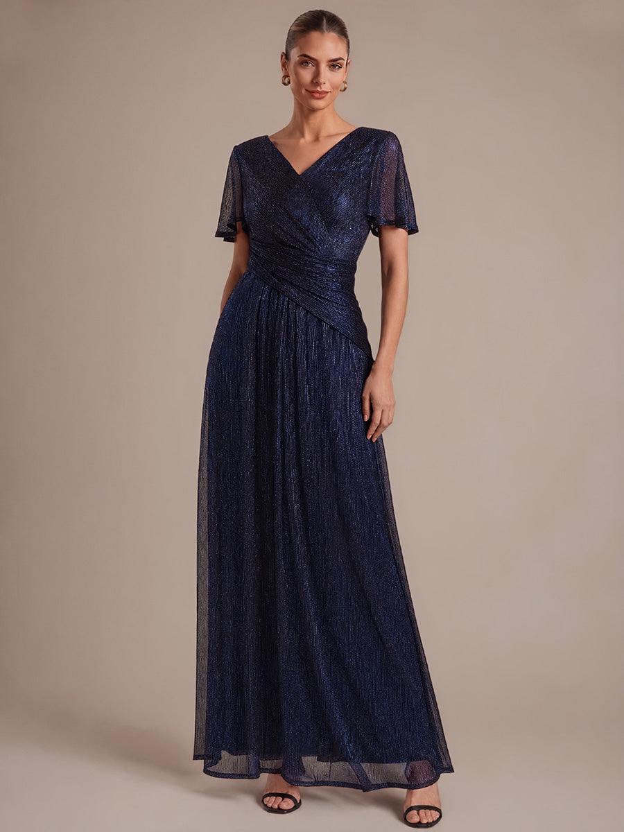 Pleating Lurex Tulle Shimmer Ruffle Sleeve Evening Dress #color_Navy Blue