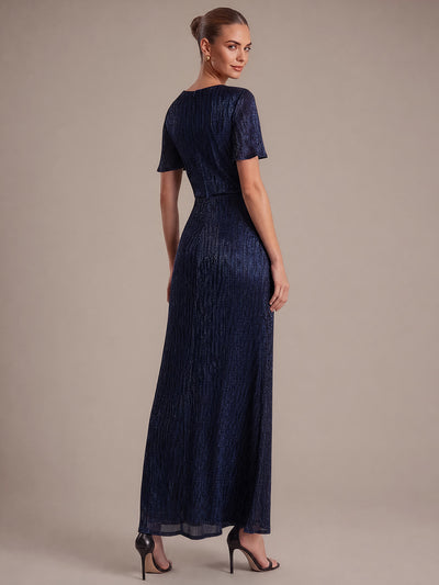 Pleating Lurex Tulle Shimmer Ruffle Sleeve Evening Dress #color_Navy Blue