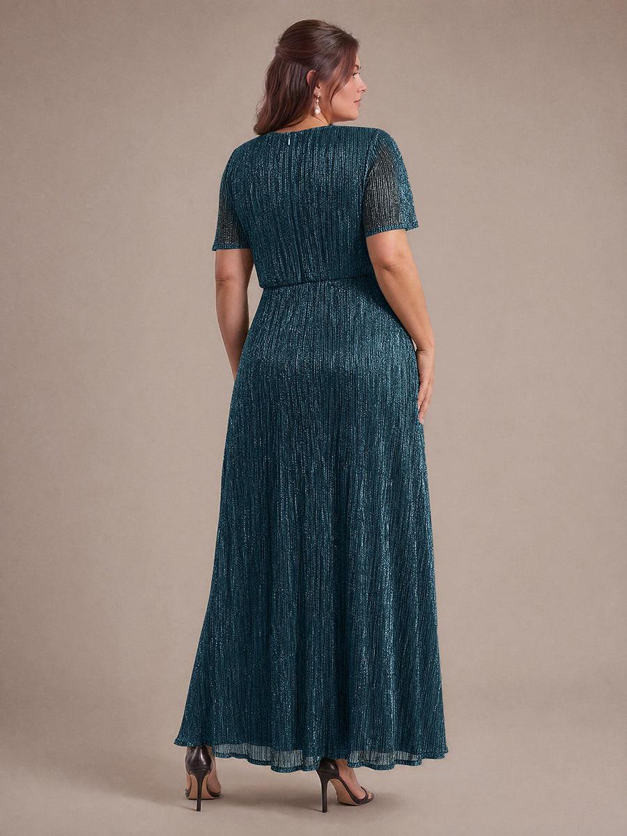 Pleating Lurex Tulle Shimmer Ruffle Sleeve Evening Dress #color_Teal Blue