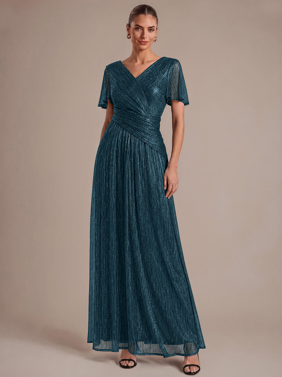 Pleating Lurex Tulle Shimmer Ruffle Sleeve Evening Dress #color_Teal Blue