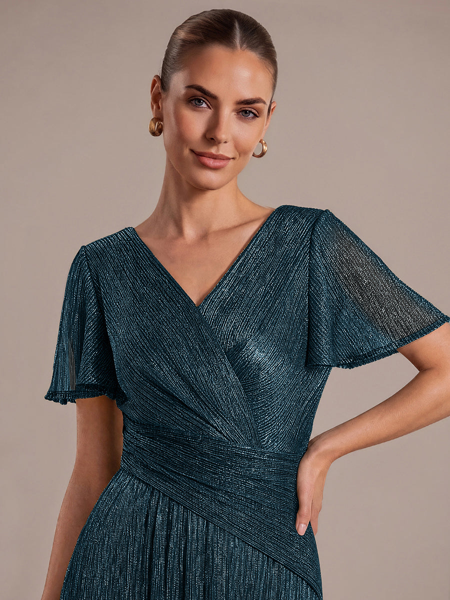Pleating Lurex Tulle Shimmer Ruffle Sleeve Evening Dress #color_Teal Blue