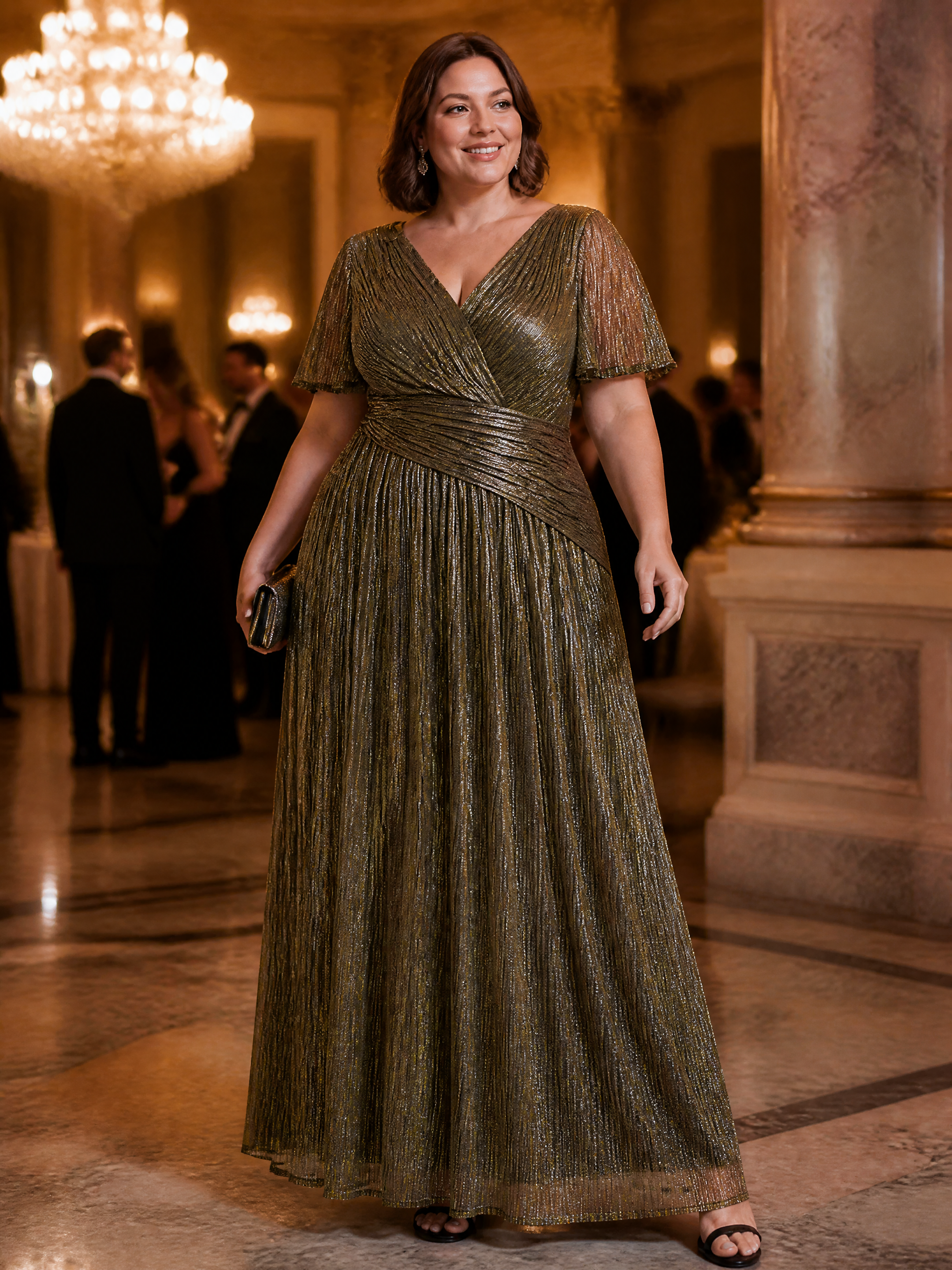 Plus Size Pleating Lurex Tulle Ruffle Sleeve Evening Dress #color_Metallic Gold