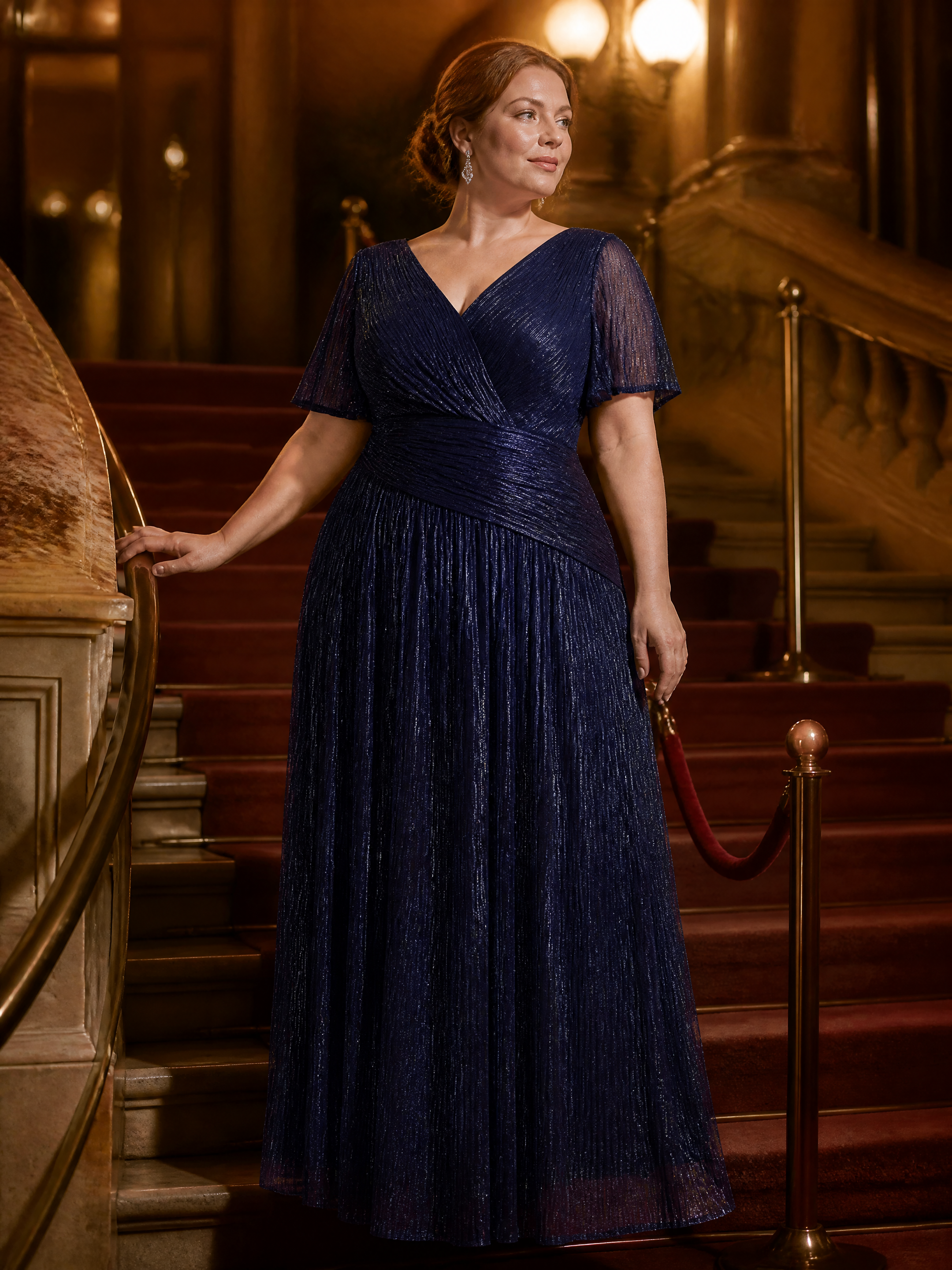 Plus Size Pleating Lurex Tulle Ruffle Sleeve Evening Dress #color_Navy Blue