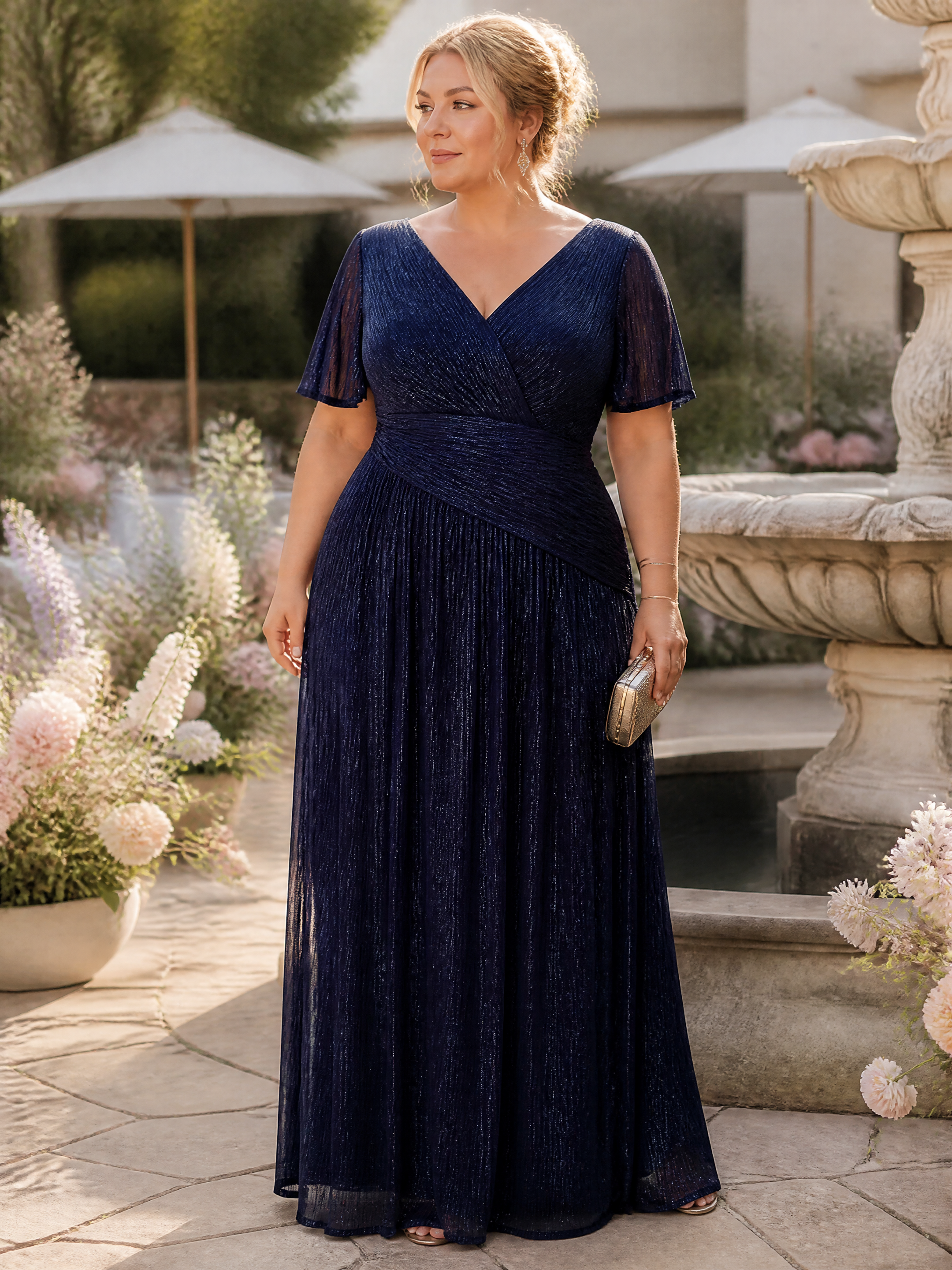 Plus Size Pleating Lurex Tulle Ruffle Sleeve Evening Dress #color_Navy Blue