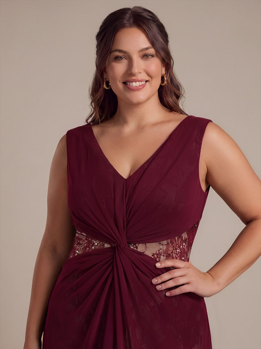 See-through Chiffon Sleeveless Evening Dress #color_Burgundy