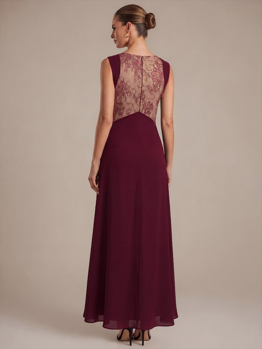 See-through Chiffon Sleeveless Evening Dress #color_Burgundy
