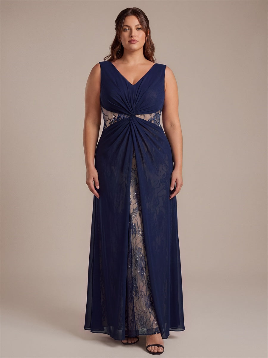 See-through Chiffon Sleeveless Evening Dress #color_Navy Blue