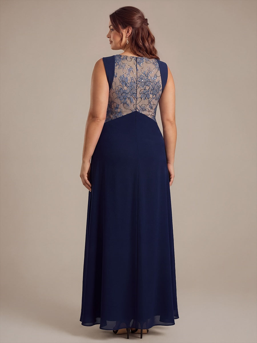 Plus Size Color-blocking Chiffon Evening Dress #color_Navy Blue