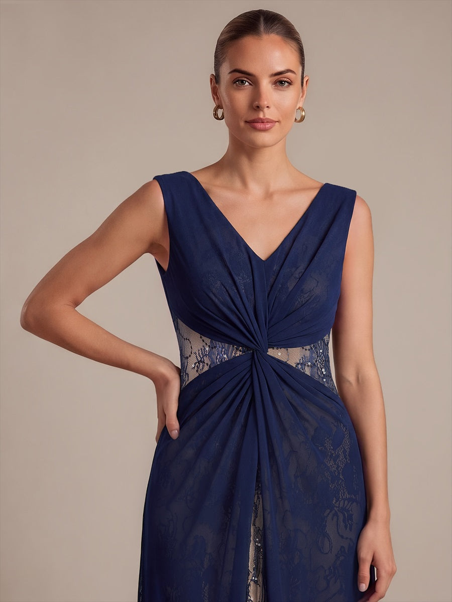 See-through Chiffon Sleeveless Evening Dress #color_Navy Blue