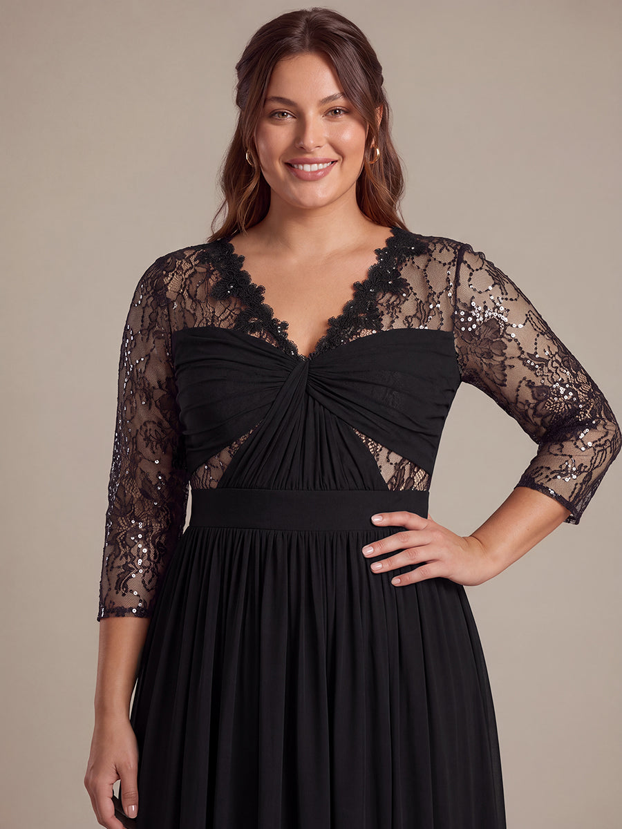 See-through Chiffon Fitted Sleeve Evening Dress #color_Black