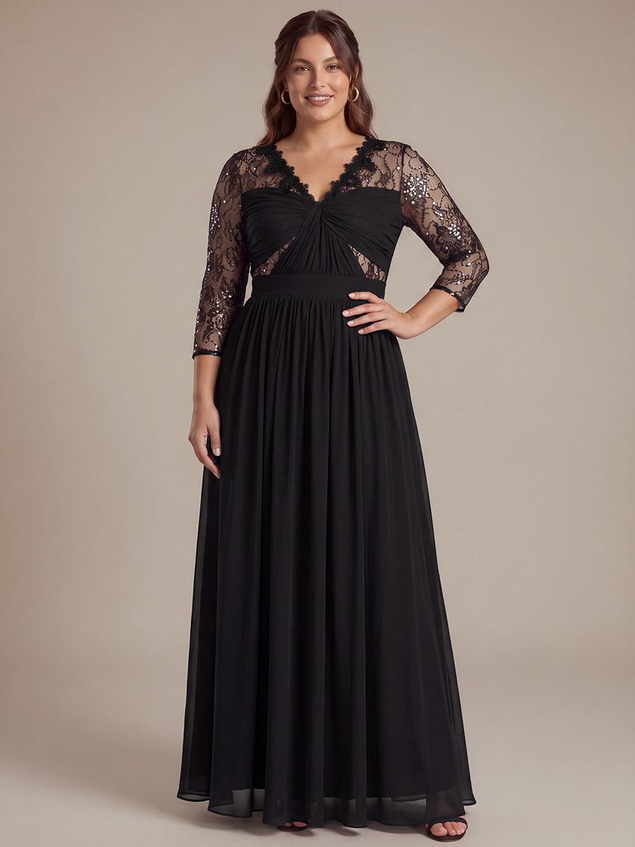Plus Size See-through Long Sleeve Chiffon Evening Dress #color_Black